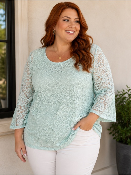 croft & barrow Tops - Croft & Barrow Mint Green Lace Bell Sleeve Blouse Top 1X Plus Floral Chic